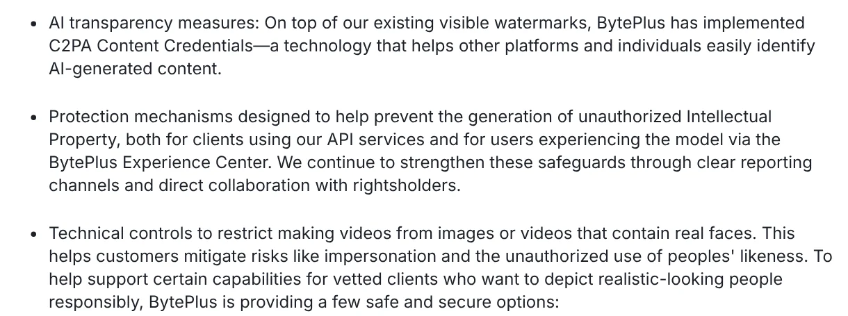 BytePlus blog listing Seedance 2.5 safeguards: visible watermarks, C2PA Content Credentials and limits on real faces