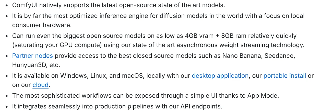 The ComfyUI GitHub page stating it can run large models on 4GB of VRAM and 8GB of RAM on Windows, Linux and macOS