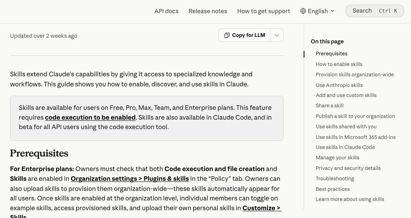 The Use skills in Claude page stating skills are available on Free, Pro, Max, Team and Enterprise and require code execution