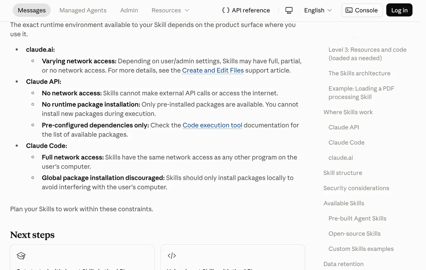 The Runtime environment constraints section comparing how skills run on claude.ai, the Claude API and Claude Code