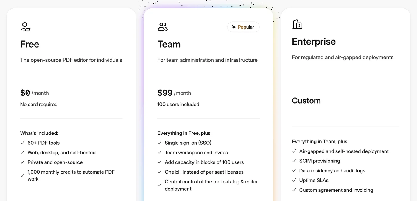 Bảng giá Stirling PDF với gói Free 0 USD, Team 99 USD mỗi tháng và Enterprise giá theo thoả thuận
