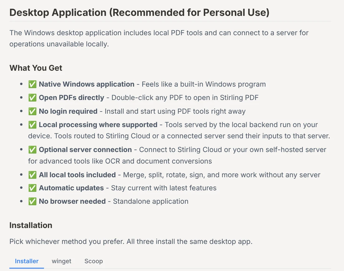 Mục Desktop Application trong hướng dẫn cài Stirling PDF trên Windows, ghi gộp và tách PDF chạy không cần máy chủ