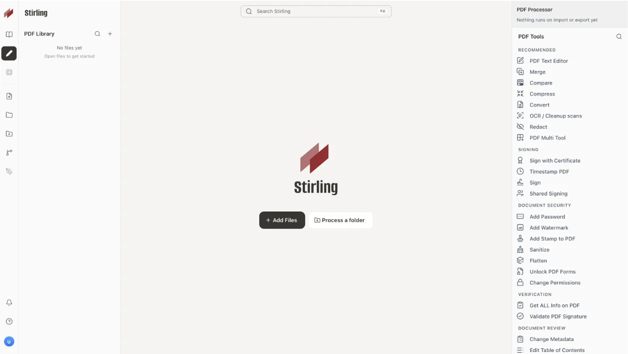 Giao diện Stirling PDF với nút Add Files và cột công cụ Merge, Compress, Convert, OCR bên phải