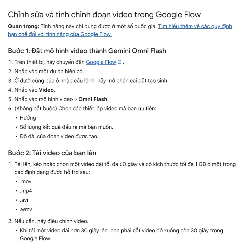Google Flow Help page: steps to edit video with Gemini Omni Flash, upload a video up to 60 seconds and 1 GB, select a segment up to 10 seconds