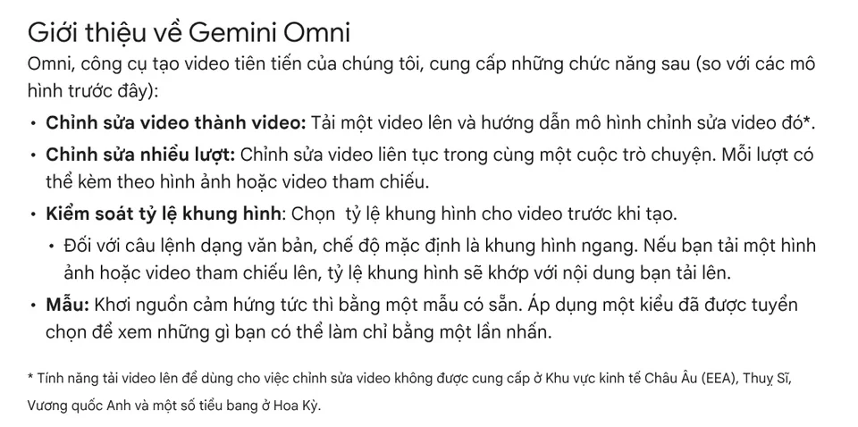 Gemini Help page introducing Gemini Omni: video to video editing, multi-turn editing, aspect ratio control