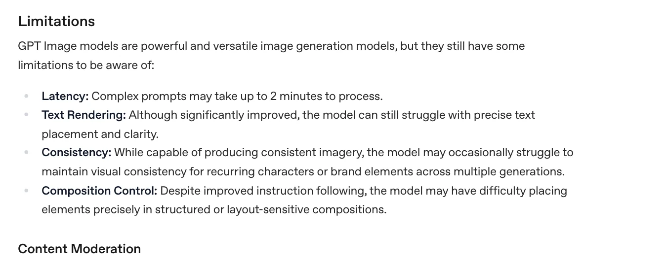 The Limitations section of OpenAI's Image generation guide: latency, text rendering, consistency, composition control