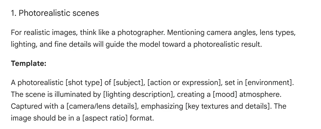 The Photorealistic scenes section of the Google Developers Blog, with a prompt template covering shot type, subject, lighting and lens