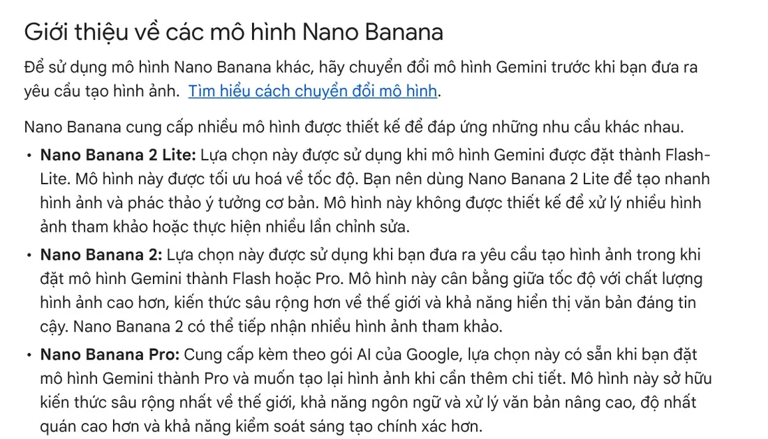 The About Nano Banana models section on the Gemini help page, covering Nano Banana 2 Lite, Nano Banana 2, and Nano Banana Pro