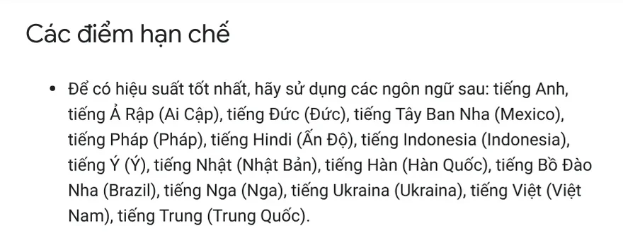 The Limitations section of the Gemini API docs, listing the languages that give the best image generation performance