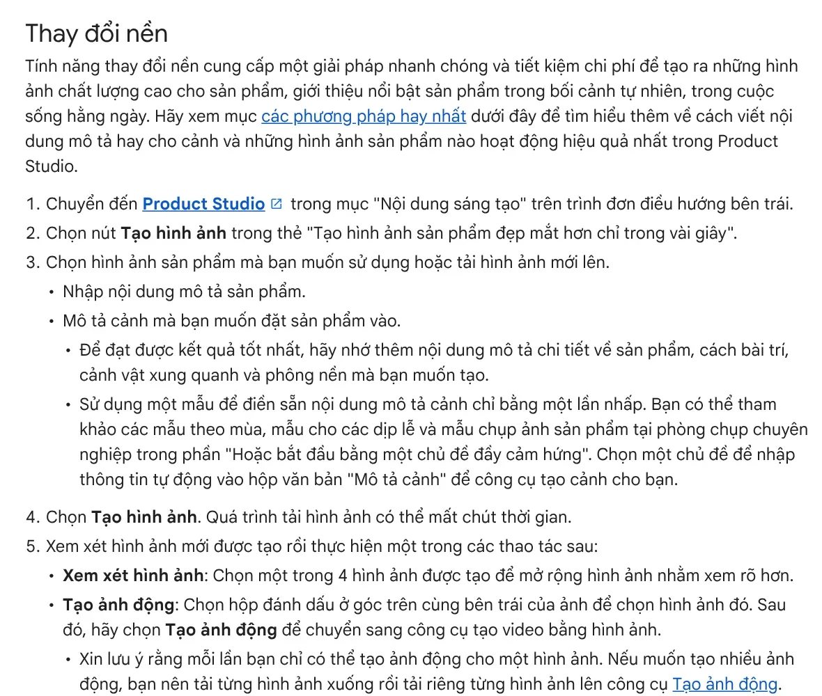 Google Merchant Center help page explaining the Change background feature in Product Studio: pick an image, describe the product, describe the scene, generate the image