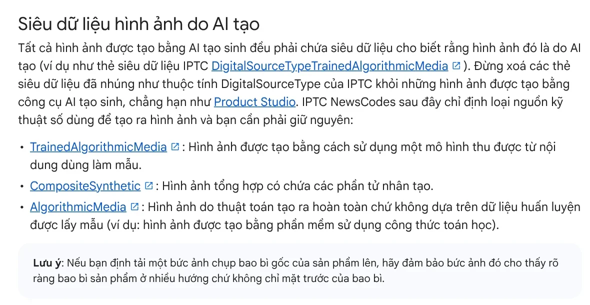 The AI-generated image metadata section of Google Merchant Center: AI images must keep the IPTC DigitalSourceType tag