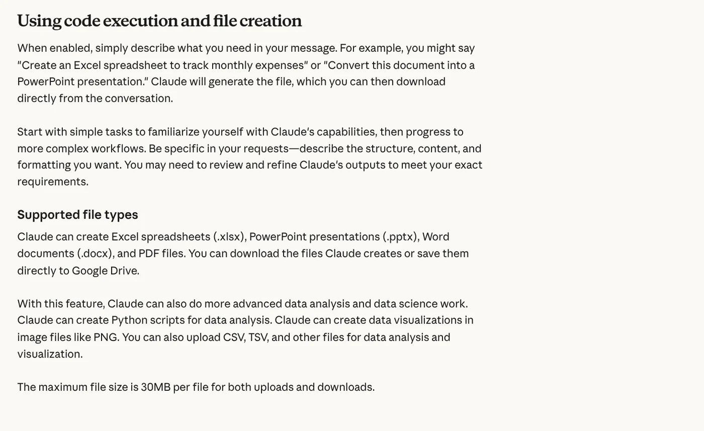 The Supported file types section of the Claude Help Center: Claude can create Excel, PowerPoint, Word and PDF files