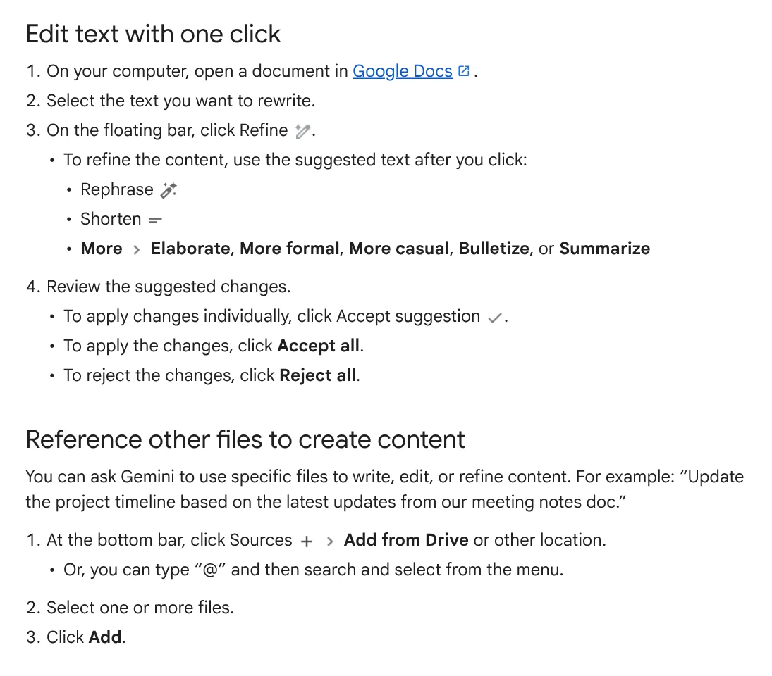 The Edit text with one click and Reference other files to create content sections of the Google Docs help page about Gemini