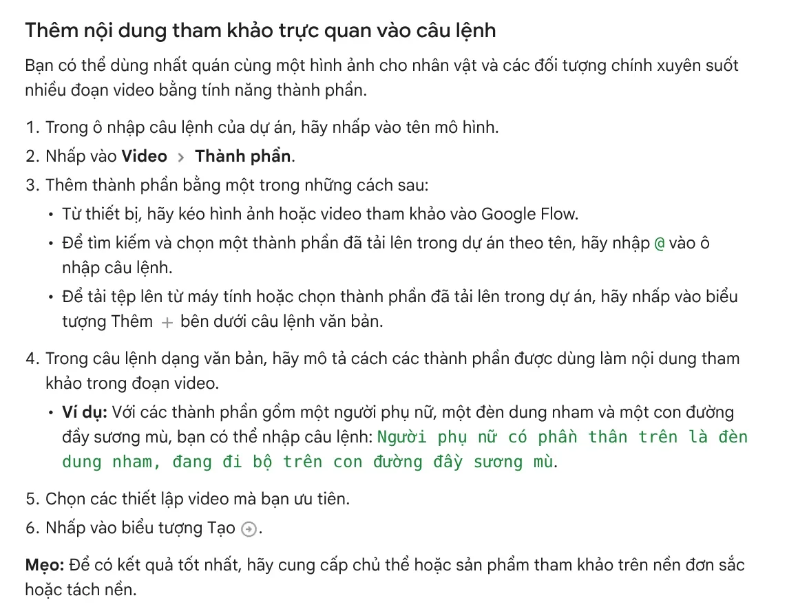 The section on adding visual references to a prompt in Google Flow Help, using ingredients to keep a character consistent across videos
