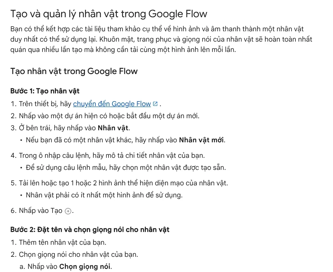 The Create and manage characters section in Google Flow Help, with steps to build a character from 1 or 2 images and pick a voice