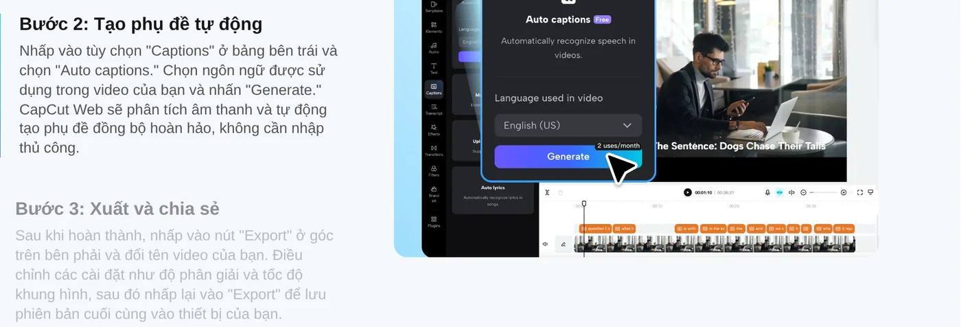 Bước tạo phụ đề tự động trên CapCut Web và ảnh minh hoạ hộp Auto captions có nhãn Free, ghi 2 uses/month cạnh nút Generate