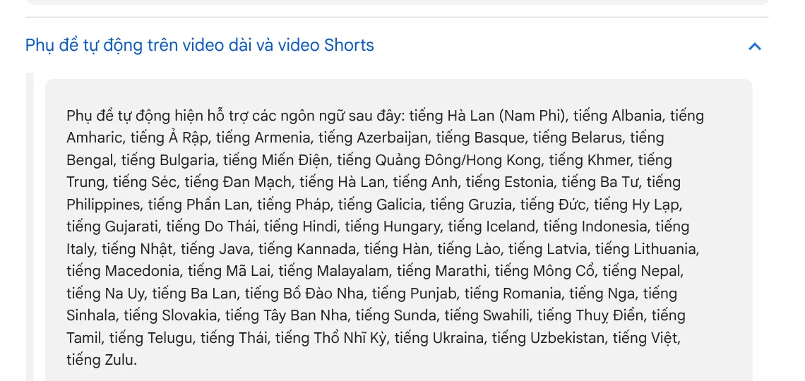 Danh sách ngôn ngữ phụ đề tự động của YouTube cho video dài và Shorts, có tiếng Việt ở cuối danh sách