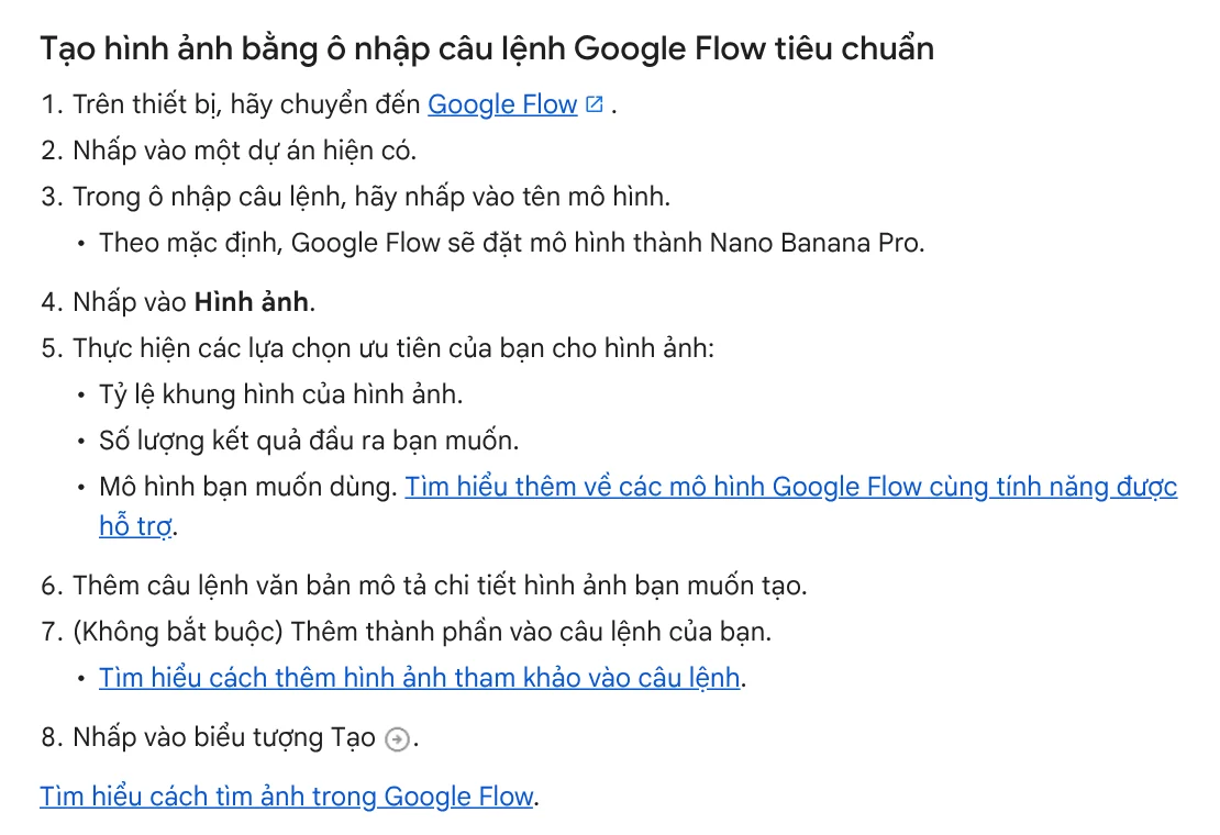 Steps for creating an image from the prompt box on the Google Flow Help page: choose the model, click Image, pick the aspect ratio, then generate