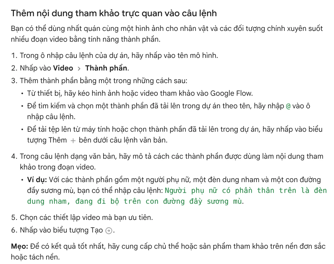 Section on adding visual references to a prompt on the Google Flow Help page, showing how to choose Video, then Ingredients, and drag in reference images