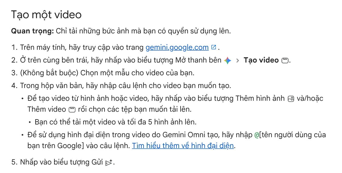 Steps for creating a video on gemini.google.com, including the Add image step and the limit of up to 5 images