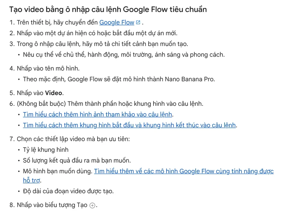 Steps to create a video with the standard prompt box in Google Flow: describe the scene, choose Video, choose the aspect ratio, model, and length