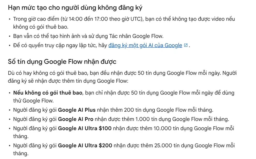 The Google Flow help page showing generation limits for non-subscribers and the 50 Google Flow credits per day