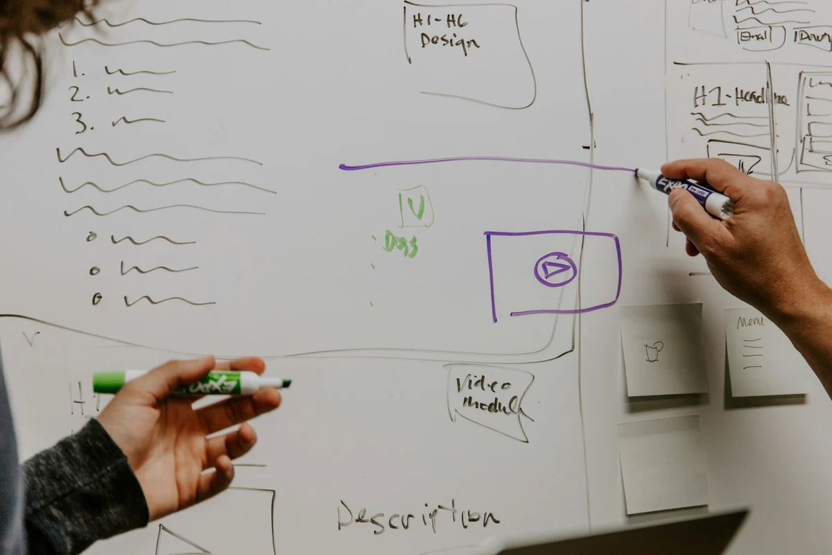 Two people sketching video scenes on a whiteboard before a shoot