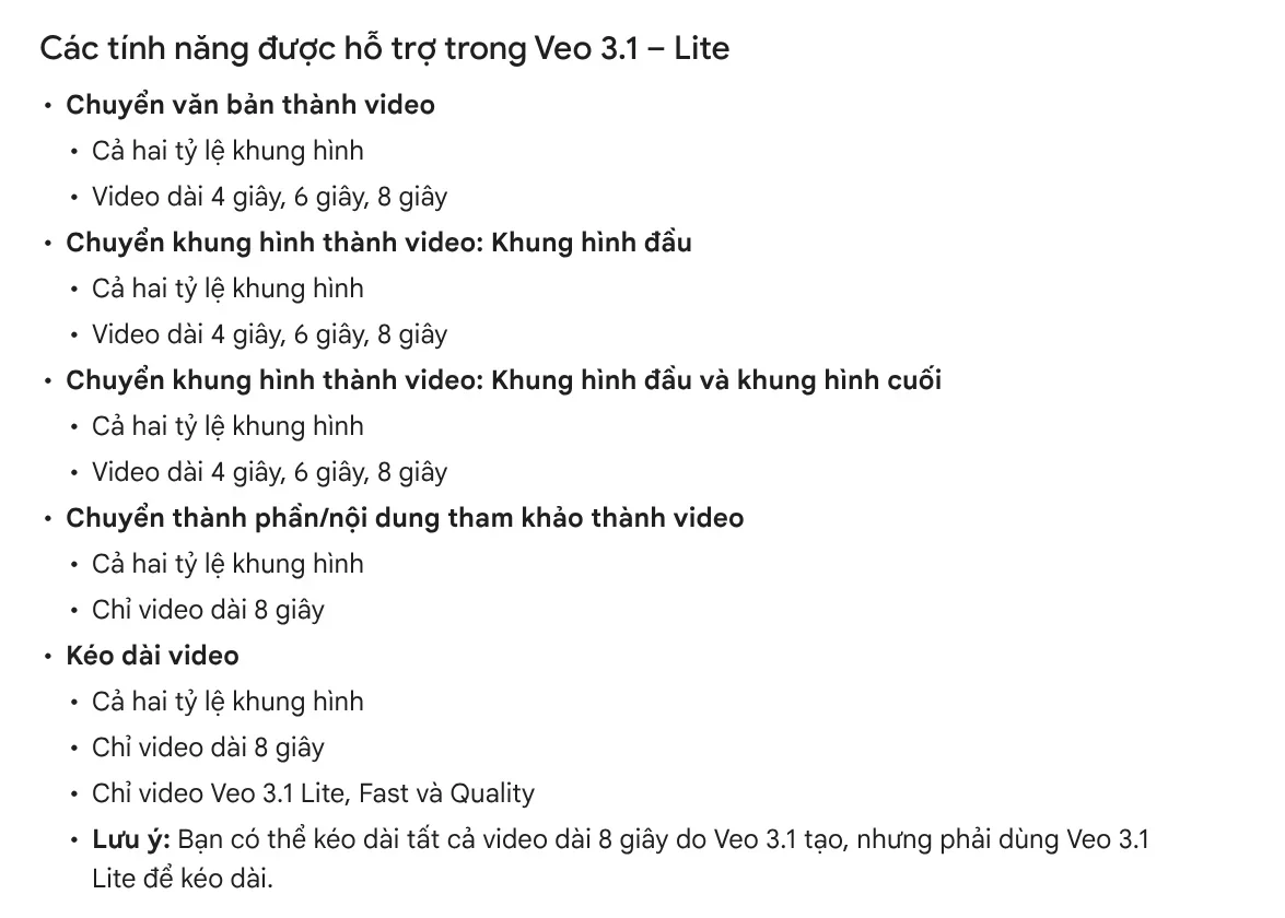 Google Flow models page: Veo 3.1 Lite makes 4, 6 and 8 second videos, and videos from ingredients are 8 seconds only