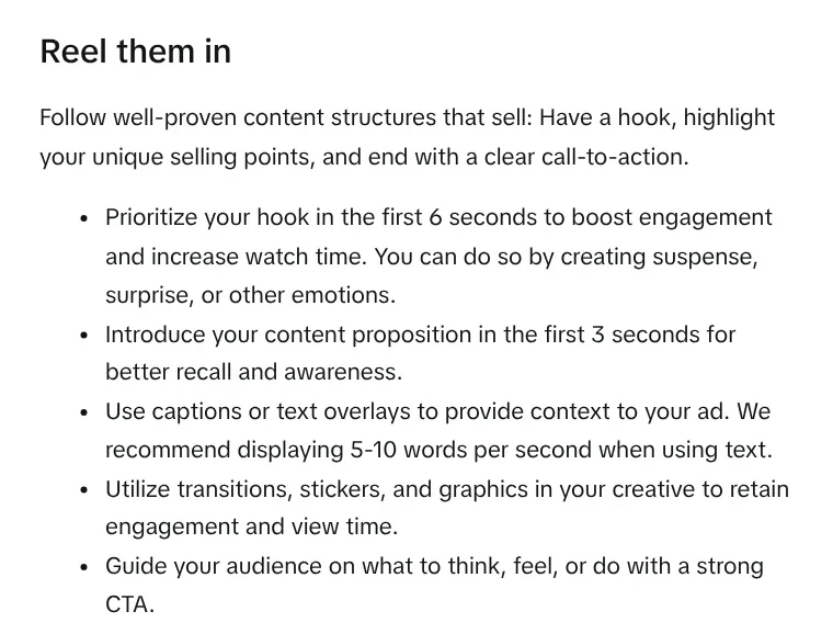 TikTok's Reel them in section: have a hook, highlight selling points, end with a call to action, hook in the first 6 seconds, 5 to 10 words per second