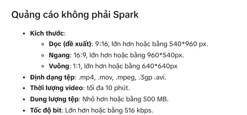 TikTok's non-Spark ad specs: vertical 9:16 from 540x960 px, horizontal, square, file formats and a maximum length of 10 minutes