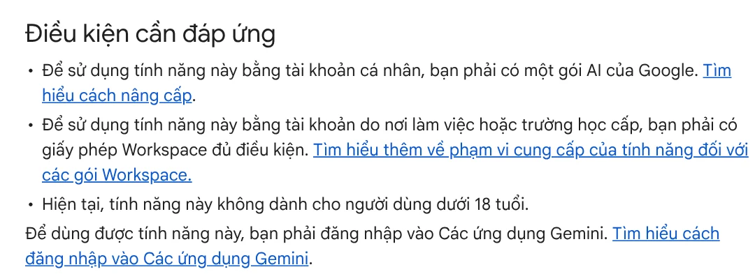 The requirements section on the Create videos with Gemini Apps page: personal accounts need a Google AI plan