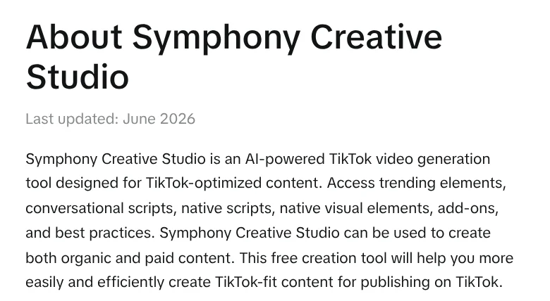 TikTok for Business's About Symphony Creative Studio page, describing it as a free AI video tool for TikTok content