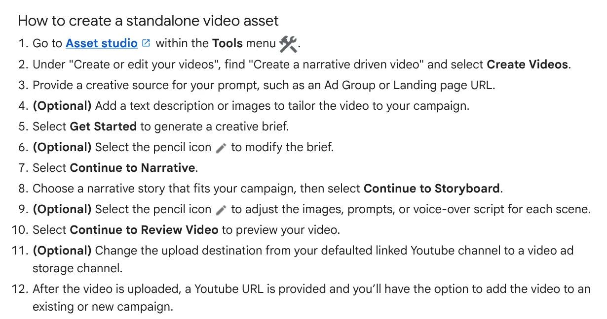 Steps to create a standalone video in Google Ads Asset studio: choose an ad group or landing page URL as the source, build a brief, pick a story, and edit the storyboard