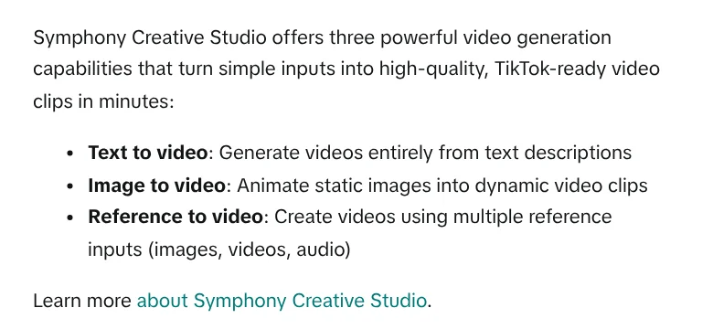 TikTok help page describing the three ways to make a video in Symphony Creative Studio: Text to video, Image to video, and Reference to video