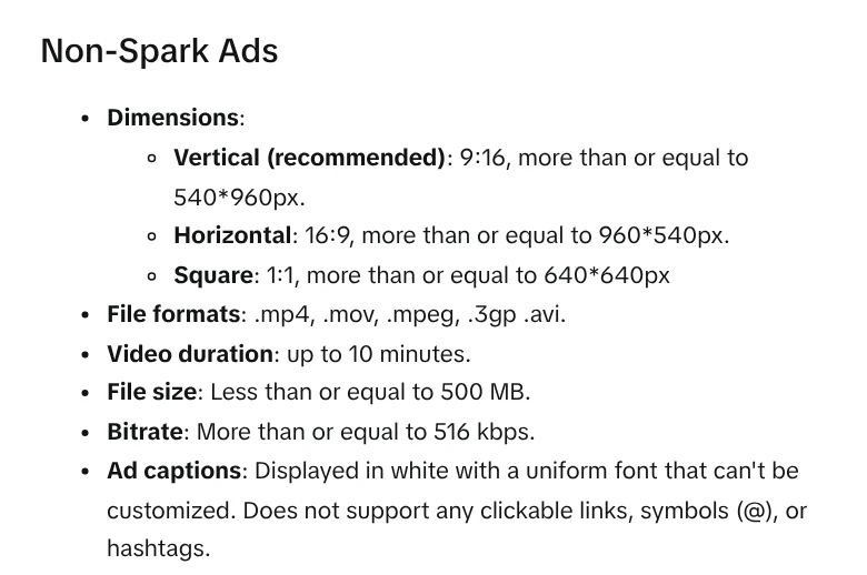 TikTok In-Feed ad video specs: vertical 9:16 at 540x960 px or more, up to 10 minutes, up to 500 MB
