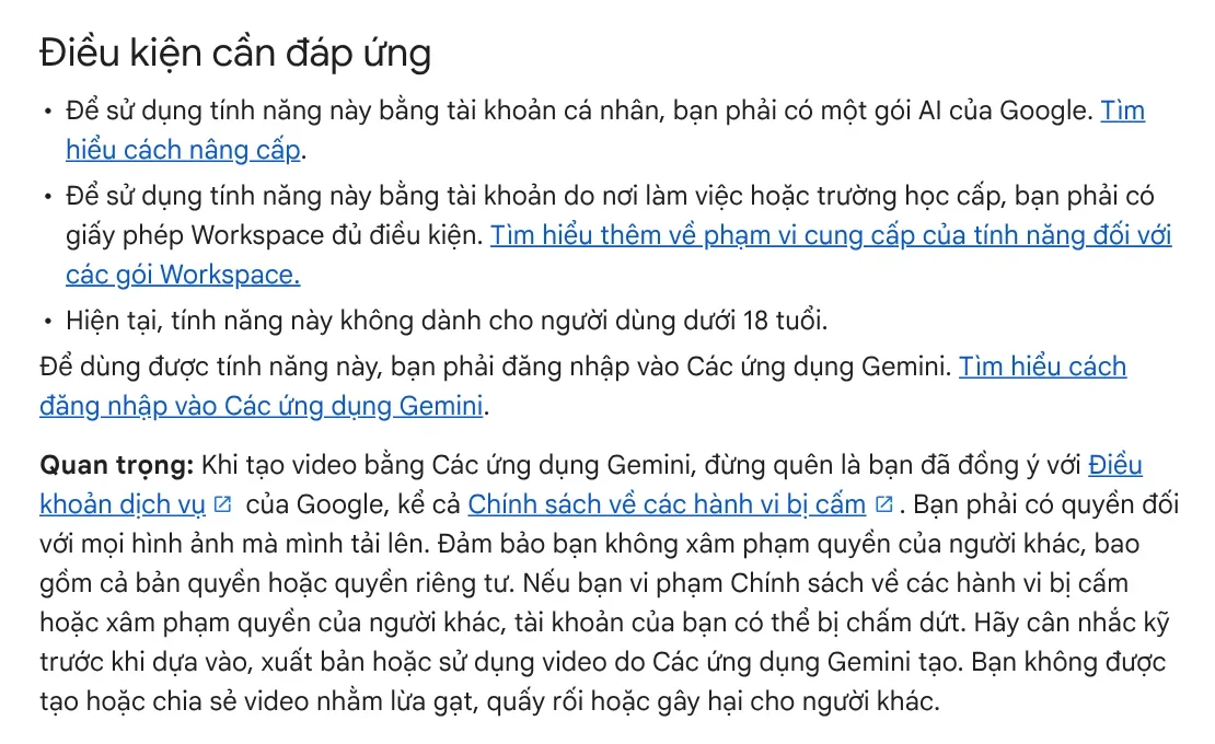 The requirements section on the Gemini Help page: a Google AI plan is needed, not available to users under 18, you must be signed in