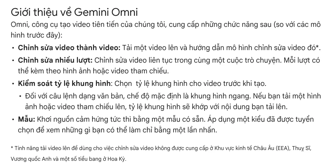 The About Gemini Omni section on the Help page: multi-turn editing, aspect ratio matches the uploaded image, regions where video upload is not supported