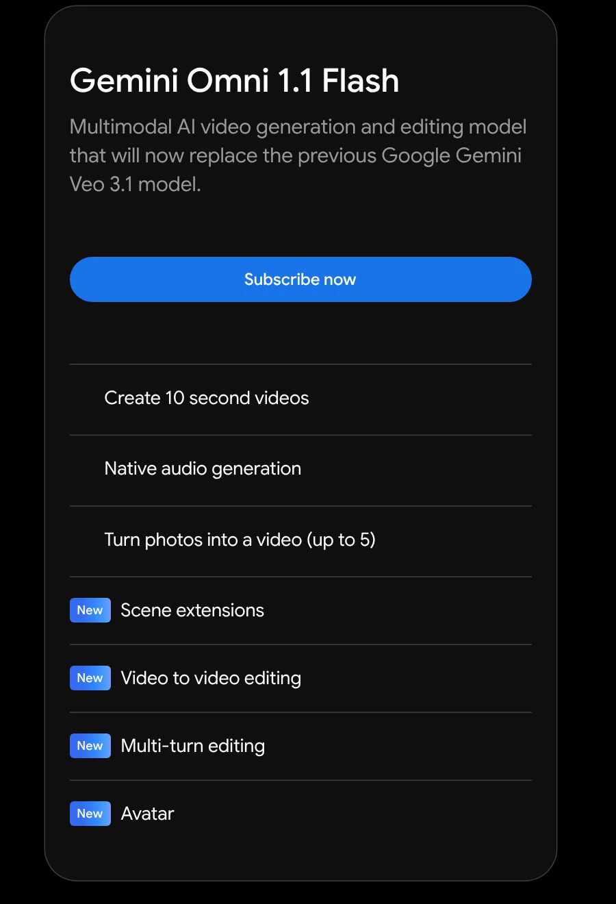 The Gemini Omni 1.1 Flash card on the Gemini site: 10-second videos, native audio, turn photos into a video with up to 5 images