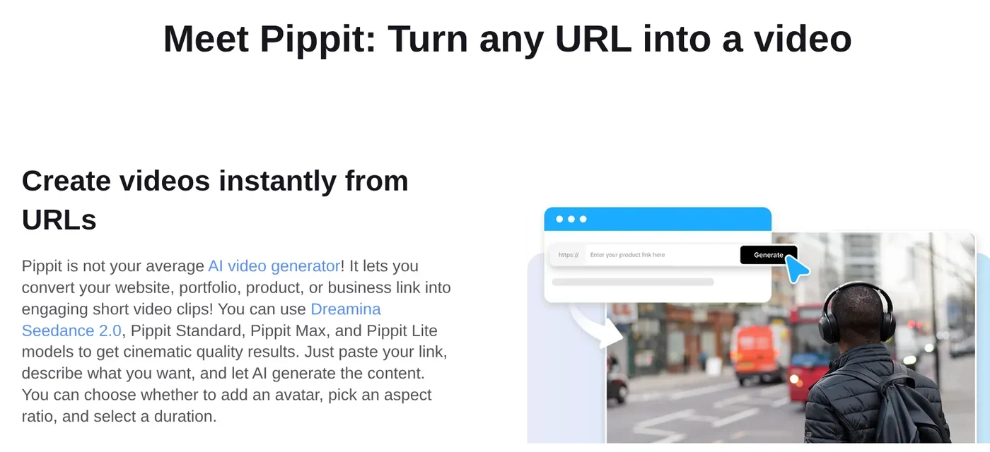 Pippit page introducing a tool that turns a website or product link into a short AI video, with a box to paste the product link and a Generate button