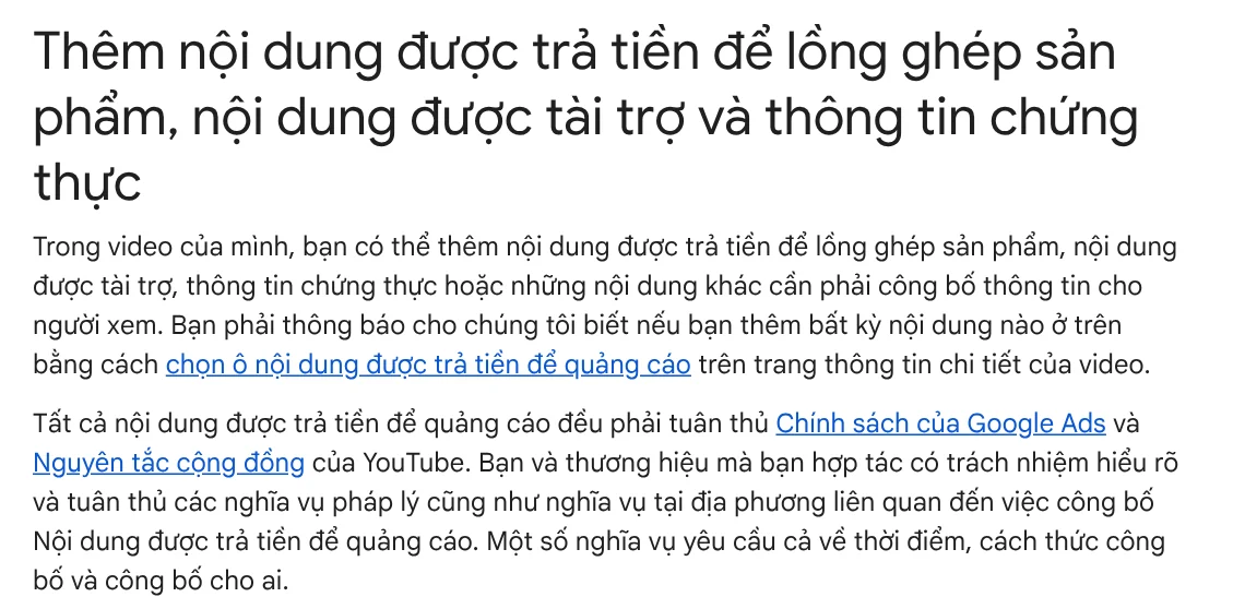 YouTube Help page on paid product placements, sponsorships and endorsements, which asks you to tick a disclosure box when you upload