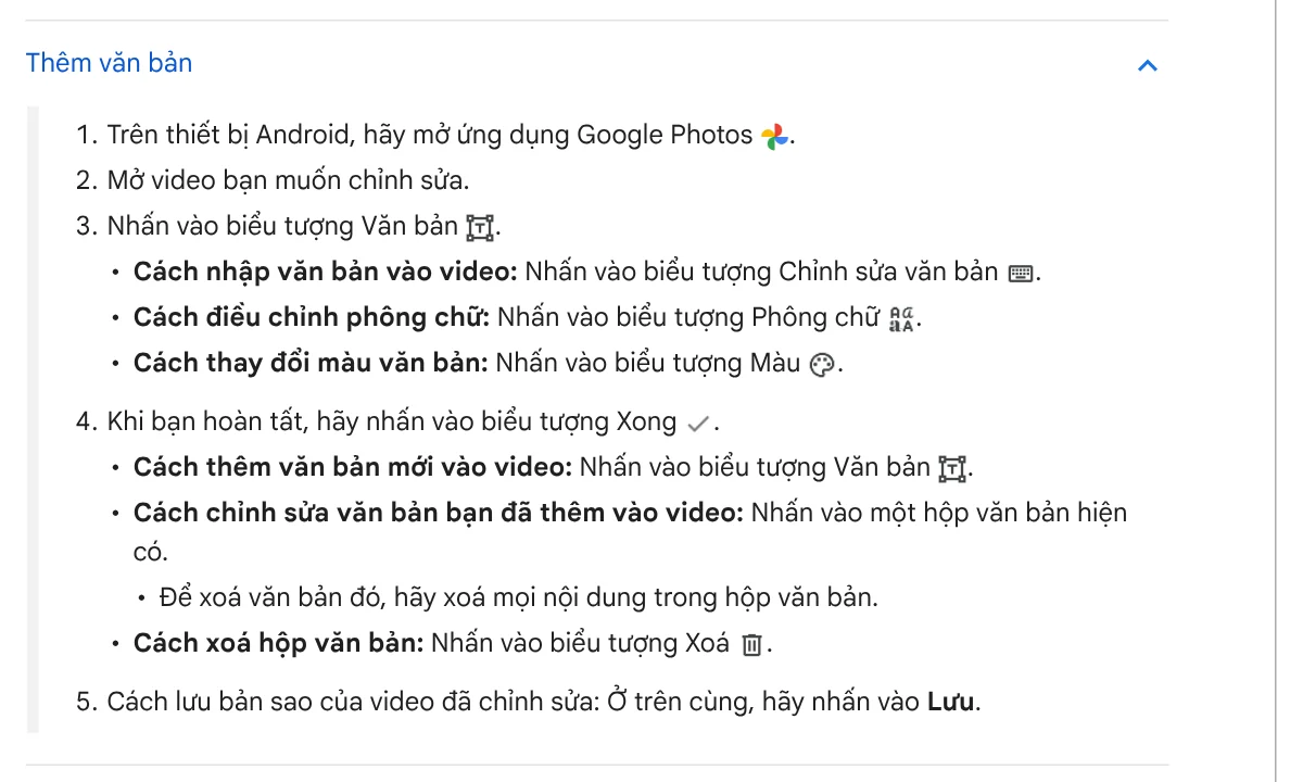Steps to add text to a video in Google Photos on Android: tap the Text icon, adjust font and color, then save