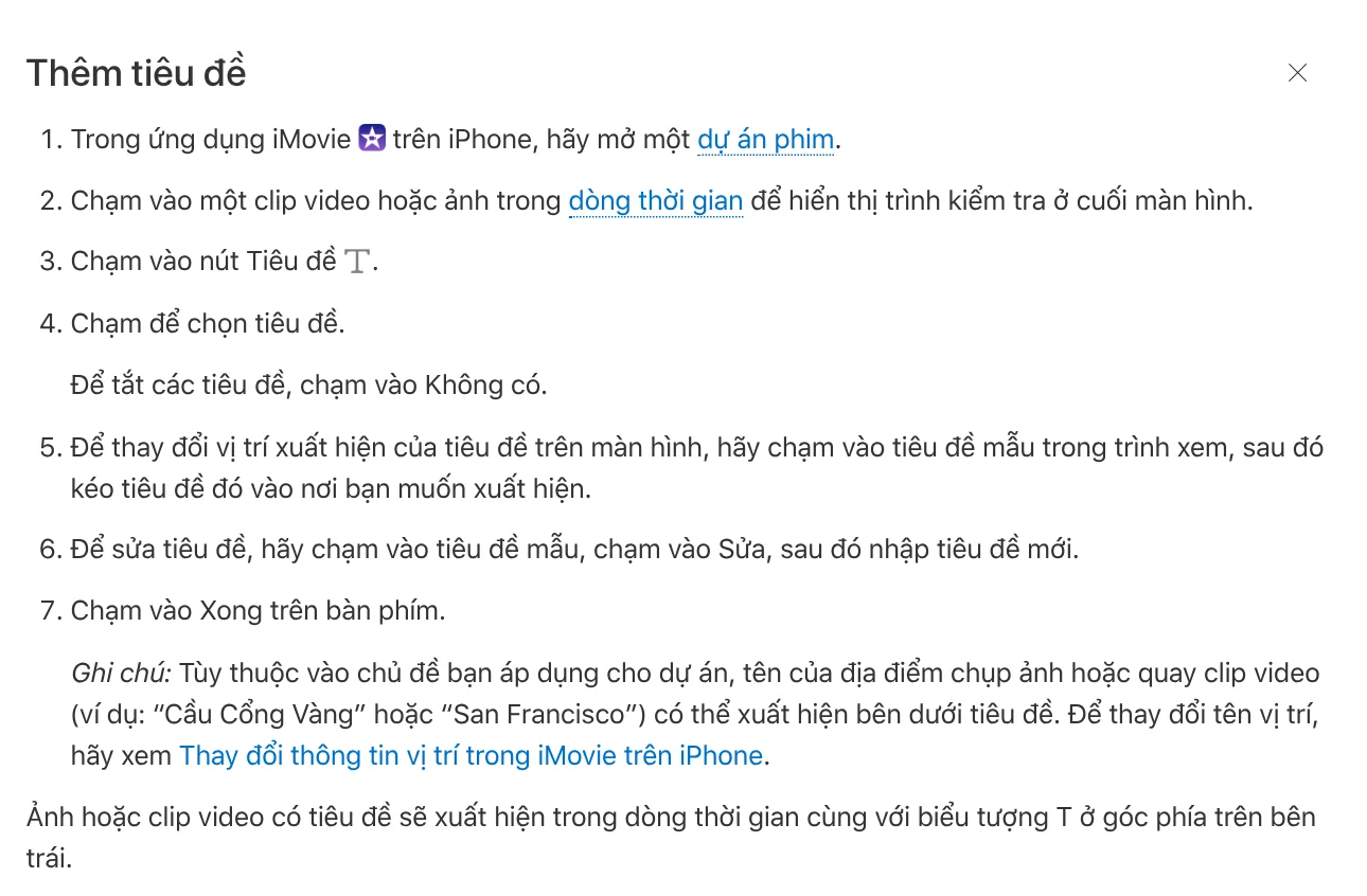 Steps to add a title to a video clip in iMovie on iPhone, from an Apple Support page