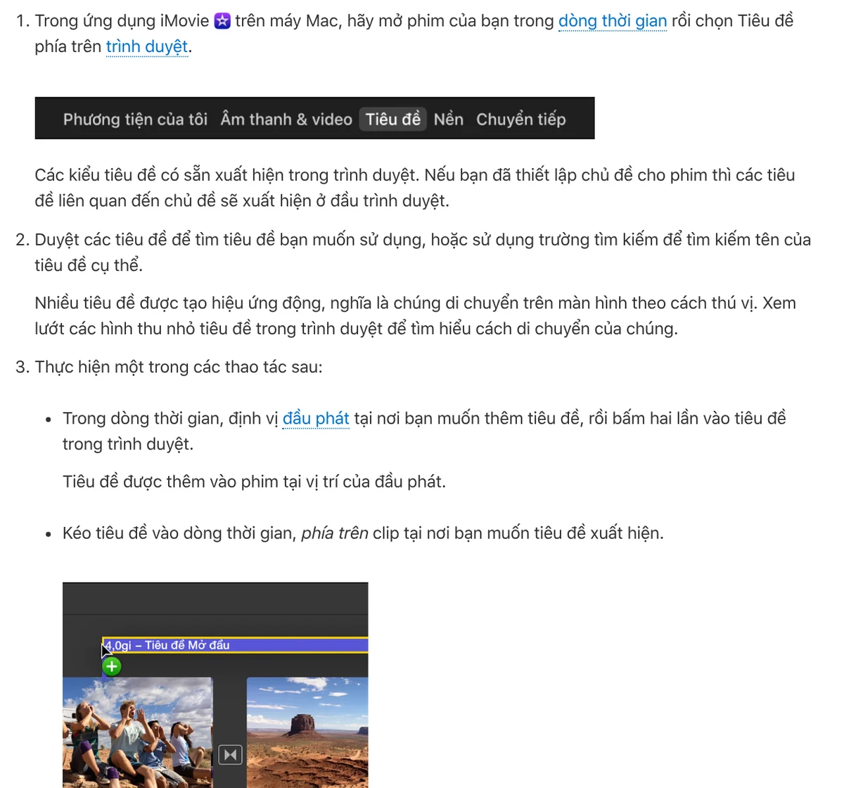 Steps to add a title in iMovie on Mac: click Titles above the browser, place the playhead, then double-click a title style