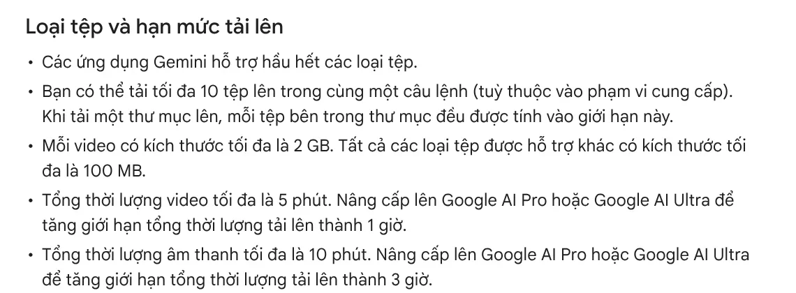 The file types and upload limits section in Gemini Help: up to 10 files, 100 MB per file, 10 minutes of total audio, 3 hours with Google AI Pro or Ultra