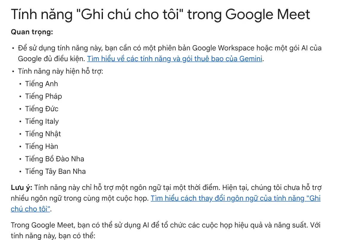 The Google Meet Help page for Take notes for me, with supported languages English, French, German, Italian, Japanese, Korean, Portuguese, Spanish, and no Vietnamese