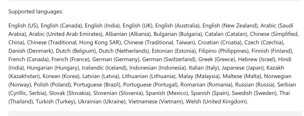 The Microsoft Teams support page, Supported languages section for meeting transcription, with Vietnamese (Vietnam) in the list