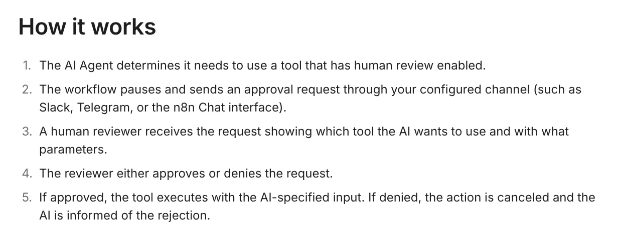 How it works section of the n8n Human-in-the-loop for tools feature: the workflow pauses for human approval before running a tool