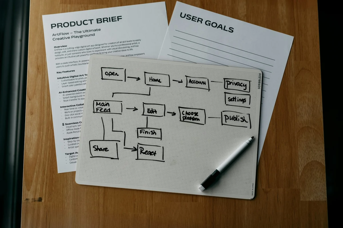 Hand-drawn workflow diagram with boxes and arrows on paper, next to a pen and documents