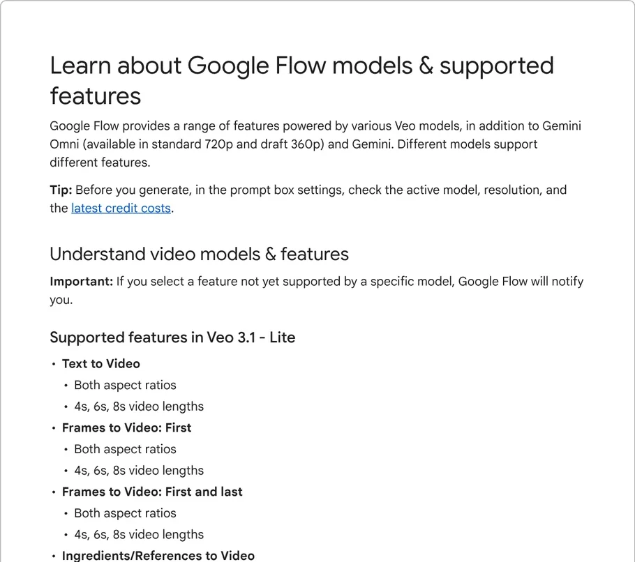 Google Flow help page listing the supported features of Veo 3.1 Lite: text to video, first frame, first and last frame