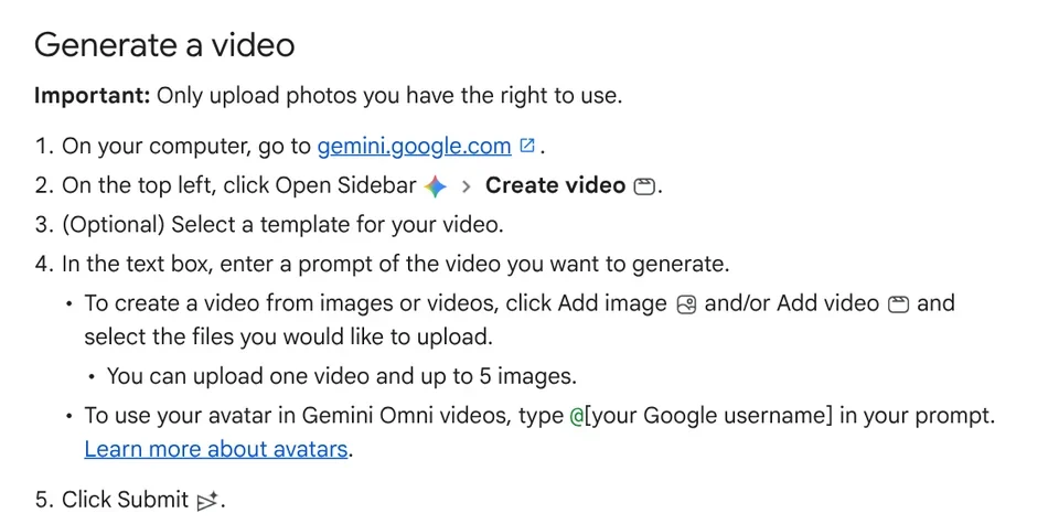 The Generate a video section on the Gemini Help page: open the sidebar, choose Create video, enter a prompt and click Submit